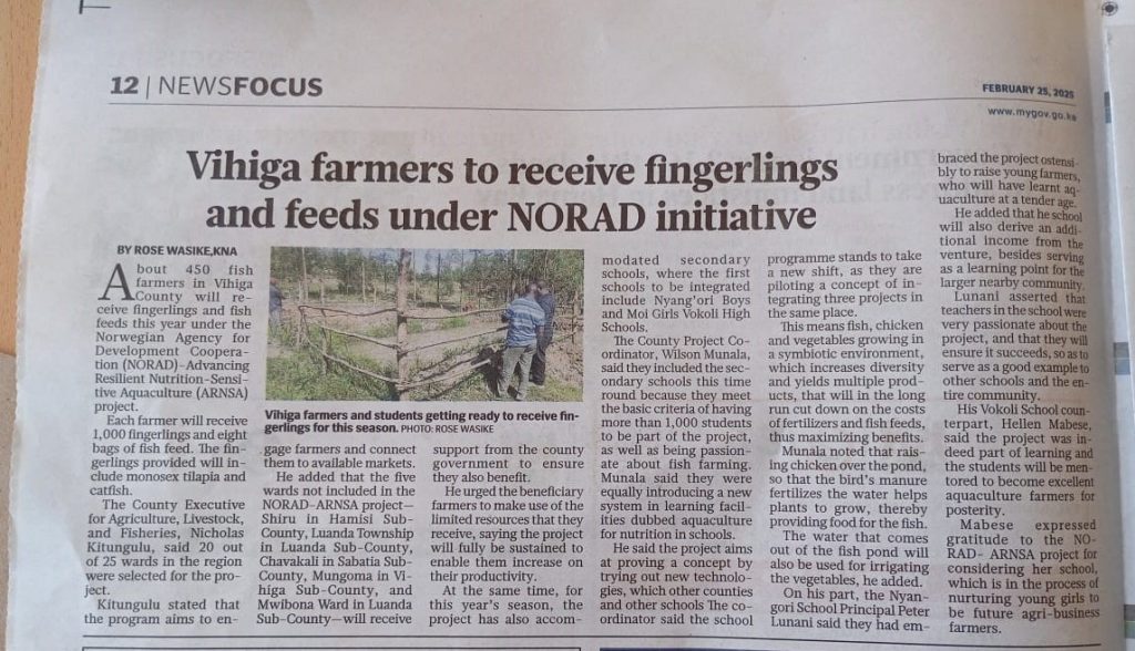 Vihiga Farmers to Receive fingerlings and feeds under NORAD initiative
