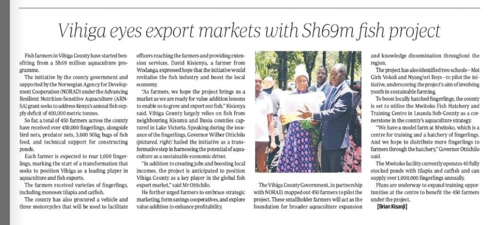 Vihiga eyes export markets with Sh69M fish project